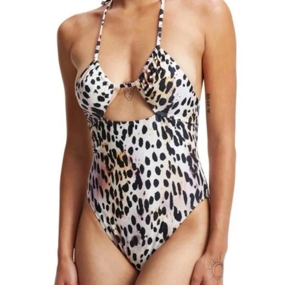 Good American Ruched Halter One-Piece Swimsuit Cheetah Rose Print Size 6 (3X) - Picture 1 of 6